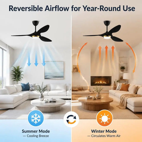 52 Inch Black Modern Ceiling Fan With Lights And Remote, Smart WiFi Enabled in living room, summer and winter airflow modes