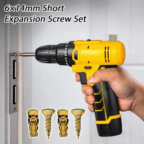 Person using drill to install 6x14mm Short Expansion Screw Set for Cabinet Hinge Repair and Stripped Thread Restoration