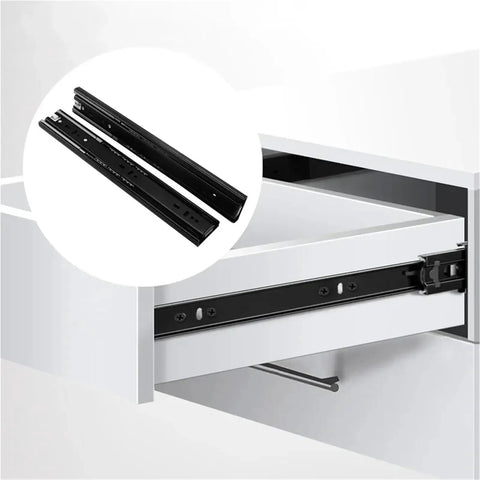 Close-up of Three Fold Full Extension Telescopic Drawer Slides With Ball Bearing Undermount, 14 Inch Black, Cold Rolled Steel Build