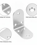Four Pack Stainless Steel L Brackets 90 Degree Corner Supports with precision-drilled holes, shown in detail.
