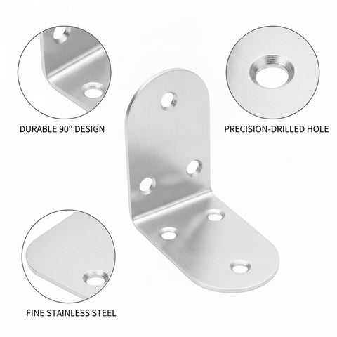 Four Pack Stainless Steel L Brackets 90 Degree Corner Supports with precision-drilled holes, shown in detail.