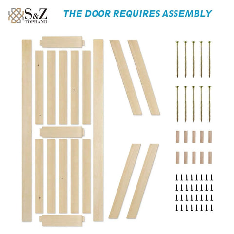 32 Inch By 84 Inch Double Unfinished British Brace Barn Door With 13 Foot Sliding Hardware Kit Solid Wood Built To Last Double Sided Panels Ready For Stain Or Paint And Easy Assembly For A Rustic Room Divider, showing assembly pieces and screws on white background.