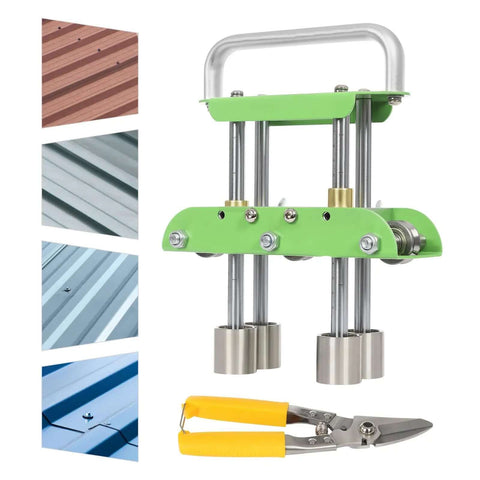 Pro Grade Green V Shaped Hand Sheet Metal Bender With Edge Bead Roller and yellow-handled snips shown with roofing panels
