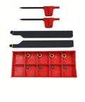 Zouzmin lathe turning holders set: 2× 3/8 in holders and 10 RCMT0602 carbide inserts in red organizer tray