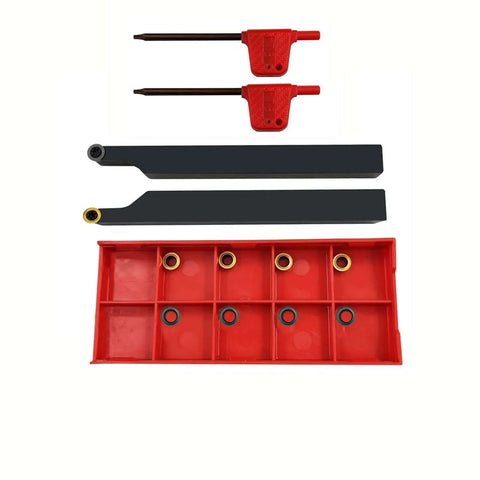 Zouzmin lathe turning holders set: 2× 3/8 in holders and 10 RCMT0602 carbide inserts in red organizer tray
