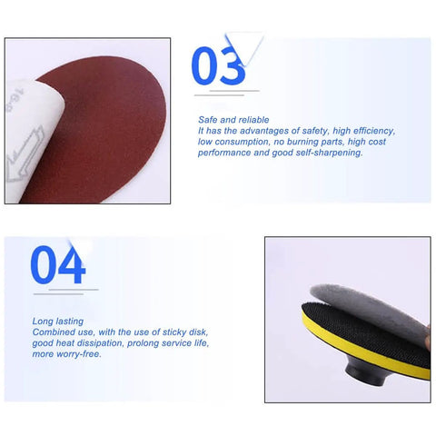 Close-up of 7 inch hook and loop sandpaper disc set showing grit detail and backing material for efficient sanding and polishing.