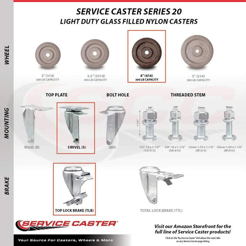 Service Caster set of 4 4-in high-temp swivel casters with brakes; glass-filled nylon wheels; 350 lb capacity per caster.