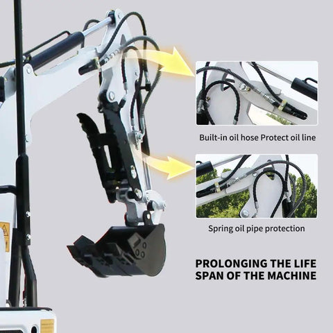 One Point Two Ton Mini Excavator With Nine Attachments For DIY Yard Landscaping 13.5HP Briggs And Stratton Gas Engine Unassembled Digger showing oil hose protection features.