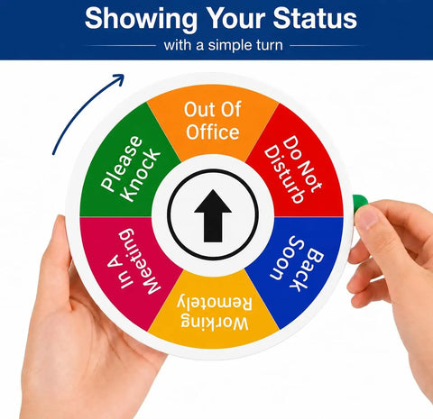 Rotating 6 In 1 Privacy Door Sign For Office And Home Keeps Interruptions In Check With In A Meeting Do Not Disturb Back Soon Please Knock Working Remotely Or Out Of Office Magnetic And Adhesive Mount 6 Inch Silver being rotated by hands.