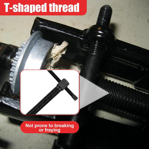 Close-up of Two Jaw Gear Puller 2 Inch Carbon Steel Adjustable Gear Remover Tool showing T-shaped thread detail.