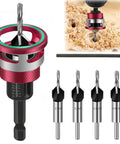 Countersink Drill Bit Set With Depth Stop And Quick Change Hex Shank One Quarter Inch, including four HSS M2 bits and hex wrench.