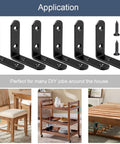 Six Piece Black L Brackets Corner Braces Heavy Duty 304 Stainless Steel Shelf Supports Rust Proof Right Angle Hardware Kit For Wood Furniture Builds Built Tough And Ready To Roll with screws and applications shown.