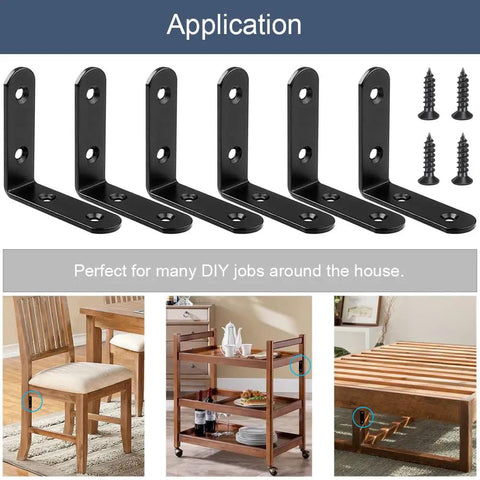 Six Piece Black L Brackets Corner Braces Heavy Duty 304 Stainless Steel Shelf Supports Rust Proof Right Angle Hardware Kit For Wood Furniture Builds Built Tough And Ready To Roll with screws and applications shown.