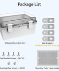 Dustproof Waterproof IP65 Junction Box With Hinged Cover in ABS, Gray Body, Clear PC, Outdoor Project Enclosure, Package Components Shown