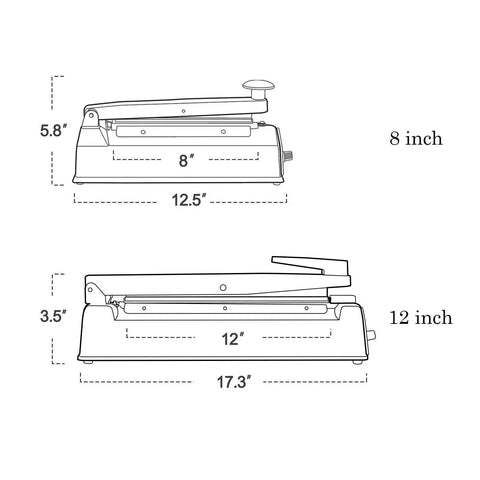 Diagram of 8 Inch 200mm Impulse Sealer 300W No Warm Up Required Manual Plastic Poly Bag Heat Sealing Machine dimensions