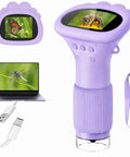 Awesome Kids Handheld Microscope Camera With 2 Inch Screen, Educational Magnifier Toy For Science Fun, Great Christmas Birthday Gift For Ages 3 To 12, Boys And Girls, Purple handheld microscope with strap, screen, cable and laptop view