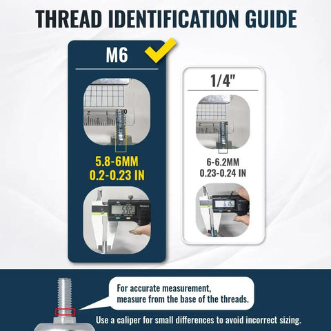 Thread identification guide showing M6 and 1/4 inch measurements for accurate sizing and measurement tips.