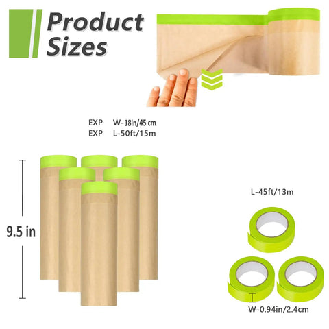 Pro Grade PreTaped Masking Paper And Tape Set 6 Rolls Of 18 Inch By 50 Feet shown with measurements and tape detail