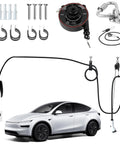 Universal EV Charger Cable Organizer With Retractable Overhead Mount For A Slick Garage Setup, includes hardware for installation.
