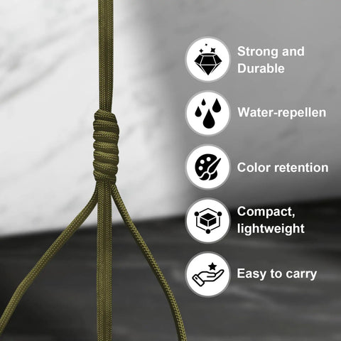 Durable Paracord 550 Rope 4mm 7-Strand Core 100ft Army Green showing knot and durability icons