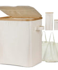 60L Collapsible Laundry Basket with Lid, Waterproof Oxford Fabric Tote, Bamboo Frame, 2 Removable Laundry Bags, Easy Fold