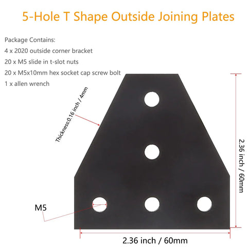 5-hole T shape outside joining plate for 2020 series profiles, 60x60x4mm, for 4 Pack 2020 T Shape Joint Plates For Aluminum Extrusion T Slot Corner Brackets With Five-Hole Design 6mm Slot 90 Degree Connector Black Great For 2020 Series Profiles And DIY CNC Frames.