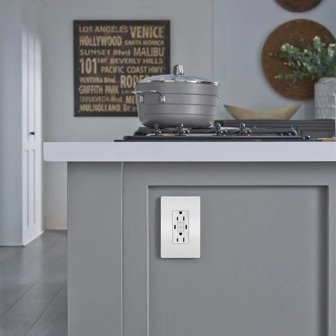 Radiant 1597TRUSBCCW 15 Amp GFCI Decorator Duplex Outlet With USB Type C Ports in kitchen setting