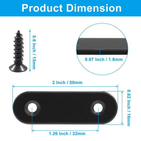 Front view of black stainless steel 2-inch flat mending bracket with two holes, 0.07 in thick, screws shown.