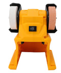Cordless Mini Bench Grinder with Dual 70mm Wheels Spinning at 5500 RPM Delivers Lightning Fast Sharpening for Any Project in the Garage or Workshop Featuring a Featherlight Build that Lets You Carry It wherever You Need It for Maximum Flexibility on the, showing front view with switch and wheels.