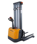 3300 Lb Capacity Electric Walkie Stacker With 130 In Lift Height And Powered Drive For Easy Material Handling, showcasing straddle legs and sturdy forks.