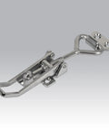 Solid As A Rock 6 Inch Polished Stainless Steel Adjustable Grip Draw Latch With Strike Plate, shown at an angle.