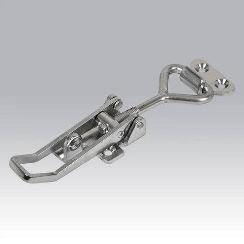 Solid As A Rock 6 Inch Polished Stainless Steel Adjustable Grip Draw Latch With Strike Plate, shown at an angle.