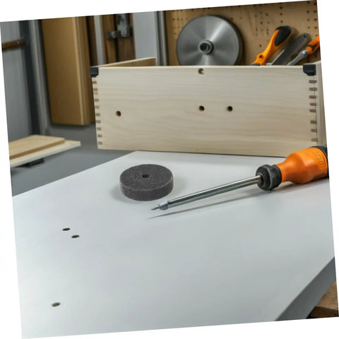 6 Pack Nylon Polishing Wheels 75mm With 10mm Hole For Marble Stone Metal Burnishing Buffing Discs on a workbench.