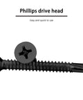 Top Shelf Phillips Flat Head Self Drilling Screws Featuring A Smooth Countersink Head And Tough Black Zinc Plated Carbon Steel Frame For Rapid Sheet Metal And Wood Fastening Size 10 By 1 Half Inch Packaged In A Sturdy 35 Piece Supply Kit - close-up view of a black Phillips drive head screw.