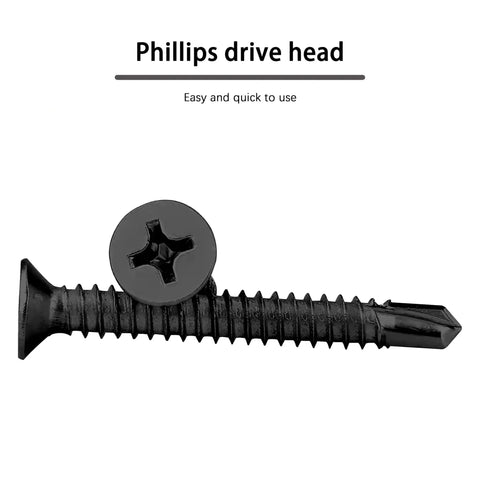Top Shelf Phillips Flat Head Self Drilling Screws Featuring A Smooth Countersink Head And Tough Black Zinc Plated Carbon Steel Frame For Rapid Sheet Metal And Wood Fastening Size 10 By 1 Half Inch Packaged In A Sturdy 35 Piece Supply Kit - close-up view of a black Phillips drive head screw.