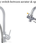 Three Mode Faucet Sprayer Attachment with 5.9 Foot Hose showing switch between aerator and sprayer settings.