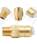 Two brass 1/4 in NPT thermal release valves for pressure washer pumps with white seal; front and side views.
