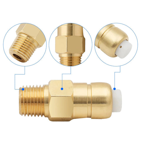 Two brass 1/4 in NPT thermal release valves for pressure washer pumps with white seal; front and side views.