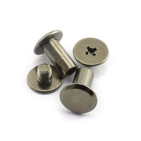 Heavy Duty Pro Grade 50 Piece Chicago Screw Set 5 X 10mm Black Binding Fasteners With Phillips Drive For Bookbinding Leather Crafting Rust Resistant Diy Assembly Zero Fuss Setup close-up of screws.