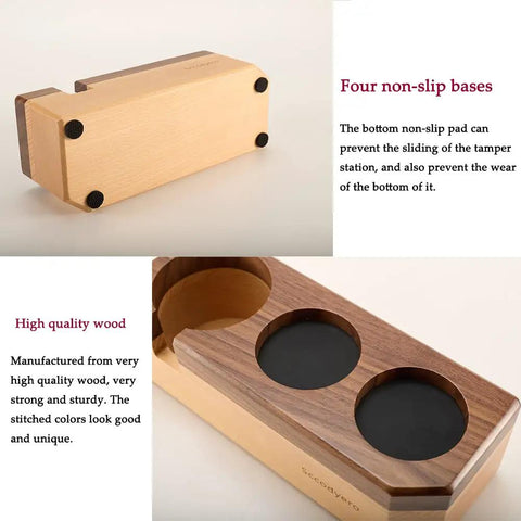 Wooden Tamping Station For Espresso Anti Slip Tamper Stand And Portafilter Organizer with non-slip bases and quality wood.