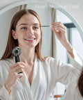 Woman using Portable Handheld Mini Fan With Power Display And Built In Flashlight USB Rechargeable 1800mAh Battery 3 Speed