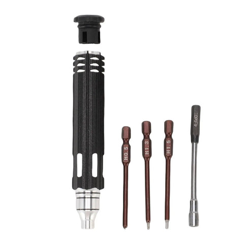 Get A Solid Four In One Rc Hex Key Set With Aluminum Steel Bits For Drones And Rc Cars To Make Quick Work Of Tweaks And Fixes No Hassle Required 4-in-1 handle with 0.5, 1.3, 1.5, 4mm bits
