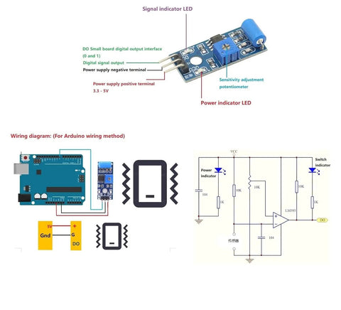 Motion Sensor Module And Vibration Sensor Pack For Arduino Projects 5 Pcs Vibration Switch Alarm Sensors With Digital Output For 3 3V To 5V Compact 3 2cm By 1 4cm PCB Perfect For DIY Security Prototyping And Hands On Experiments. Arduino vibration sensor module on blue PCB with LED, potentiometer, and wiring diagram