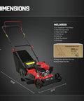 EasyGlide 21 Inch Gas Lawn Mower with 144cc 4 Stroke OHV Engine, dimensions, and included accessories displayed.