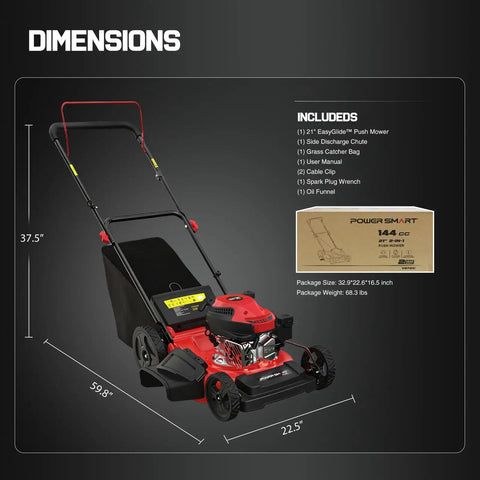 EasyGlide 21 Inch Gas Lawn Mower with 144cc 4 Stroke OHV Engine, dimensions, and included accessories displayed.