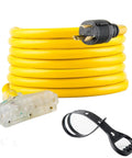 Heavy Duty 25 Ft Generator Extension Cord With Locking NEMA L5-30P And Three 5-15R Receptacles, 10 Gauge Flexible Power Cable