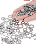 Hand displaying 180 Piece Stainless Steel Flat Washer Set M2 To M10 For Fastening DIY Repairs Gasket Spacers Round Metal Washers Kit.