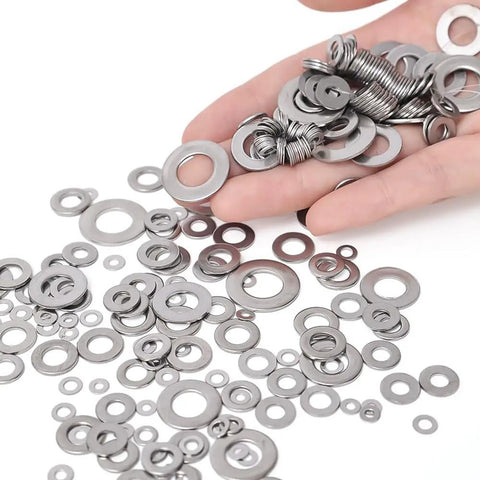 Hand displaying 180 Piece Stainless Steel Flat Washer Set M2 To M10 For Fastening DIY Repairs Gasket Spacers Round Metal Washers Kit.