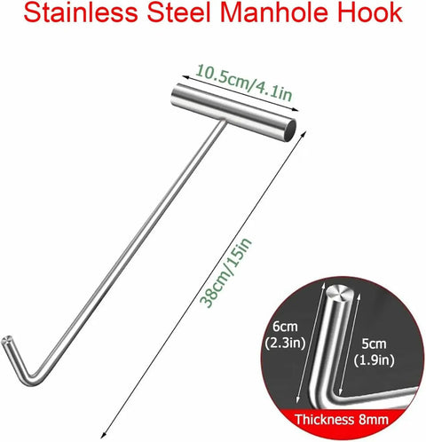 Stainless steel manhole hook with dimensions labeled: 38cm length, 10.5cm handle, 6cm and 5cm hook bends, 8mm thickness.