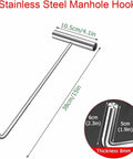 Stainless steel manhole hook with measurements; 38cm length, 10.5cm handle, 8mm thickness, ideal for lifting covers.